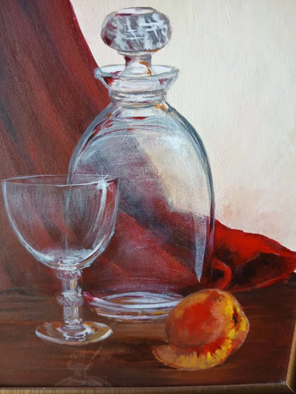 Vintage Still Life Oil Painting, Glass Decanter with Peach, BarCore